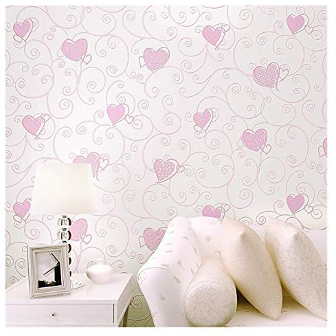 Wallpaper 3D Pink Love Heart Cartoon Princess Girl Room Background WallPaper Roll 3D Embossed Flocking Non Woven Kids Wall Covering Paper (Color : Pink, Dimensions : 0.53m*10m)