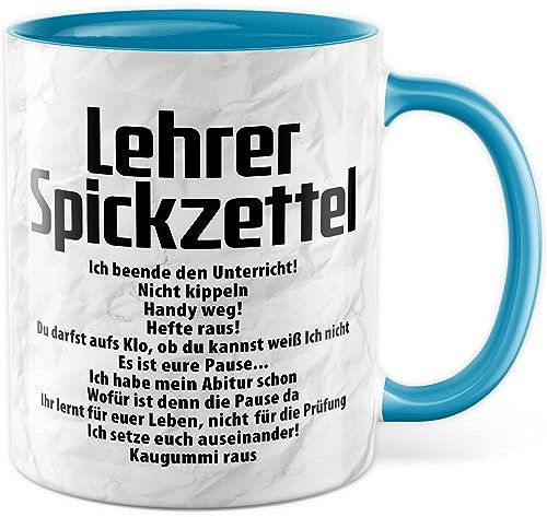 Lehrer Tasse, Lehrer Spickzettel, Geschenkidee lustig Lehrerin Lehrerin Beruf Spruch lustig Grundschule, Geschenk Kollegen Schule (Weiß/Blau)