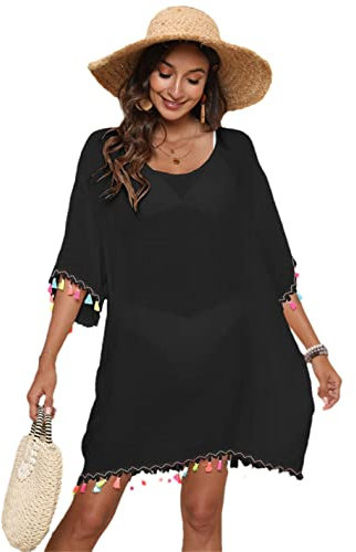 Bunte Quaste, Strandtuch, Damen-Badeanzug, Überzug, Urlaubskleid, rückenfrei, Fransen-Tunika, Schwarz , XL