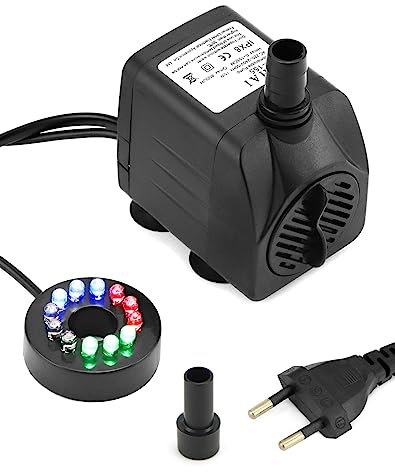 QWORK® Pompa Acqua Sommergibile, 800L/H, 15W, pompa per fontana con illuminazione, con 4 colori cangianti, per acquario, stagno, fontana,