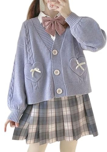 Japan Harajuku Kawaii Rosa Strickcardigan Damen V-Ausschnitt Pullover Niedlich Schleife Herz Koreanisch JK Schuluniform Jacke