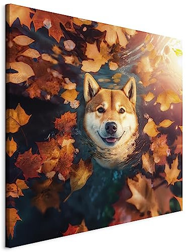 murando - Hund lustig Bilder 40x40 cm Leinwandbild 1 tlg Kunstdruck modern Wandbilder XXL Wanddekoration Design Wand Bild Shiba-inu Akita Herbst Blätter g-H-10047-b-c
