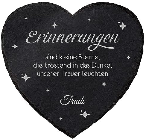 Schieferherz Gedenktafel mit Gravur für Haustiere | Variante 2 ''Erinnerungen''| personalisierbar | 15x15 cm| mit Kordel zum Aufhängen | imprägnierte Grabplatte aus Schiefer mit Trauerspruch