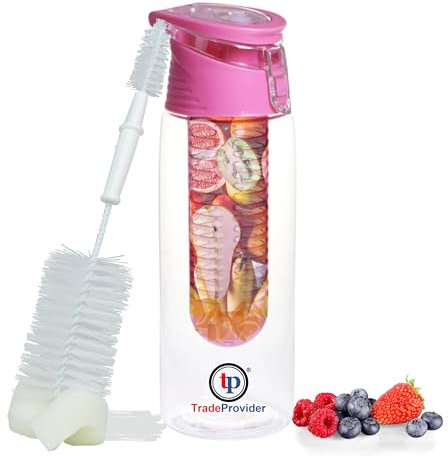 Drinking Water Bottle with Fruit Infuser (700ml) and x2 Cleaning Brush, Leakproof BPA Free, Tea Coffee Juice Infusing for Sports Home Office Gym Cycling (Pink) by TradeProvider®
