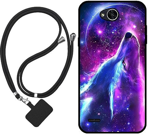 Sunrive Hülle Kompatibel mit LG X Power 2 Case,matt Handyhülle Schutzhülle Etui Karikatur Muster TPU Backcover (Wolf,Mond,Sterne) +1x Universale Handykette MEHRWEG
