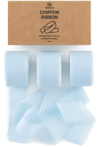 Vitalizart Ruban en Mousseline Bleu Ciel 2,5 cm x 19,2 m, Ruban en Tissu à Franges, Ruban de Soie pour Invitations de Mariage, Bouquets de Mariée, Décorations, Emballages Cadeaux