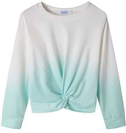 Arshiner Girls Casual Sweatshirt Tie-Dye Printed Pullover Long Sleeve T-shirt Twist Front Lightweight Crew Neck Crop Tops for Girls 7-8 Years Mint Green
