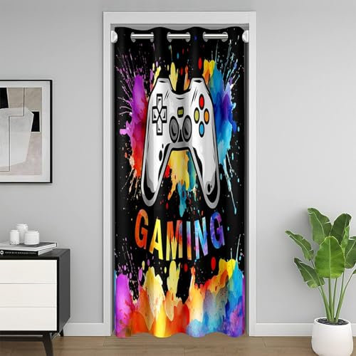 Gamer 30%-50% Room Darkening Blackout Curtain Game Controller Door Curtain for Doorway Privacy 106x203cm Gaming Room Divider Curtain Cover Splash-ink Colorful Window Treatments