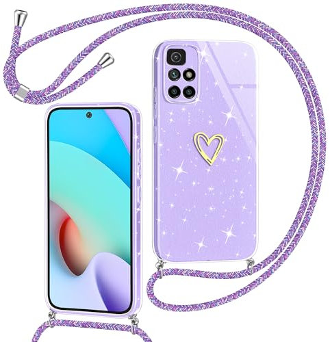 Yichu Coque pour Xiaomi Redmi 10/ Redmi 10 2022 avec Cordon, Glitter Silicone Housse avec Collier, Réglable Lanyard Case avec Motif Coeur d'amour, Etui Protection Cover pour Redmi 10, Violet