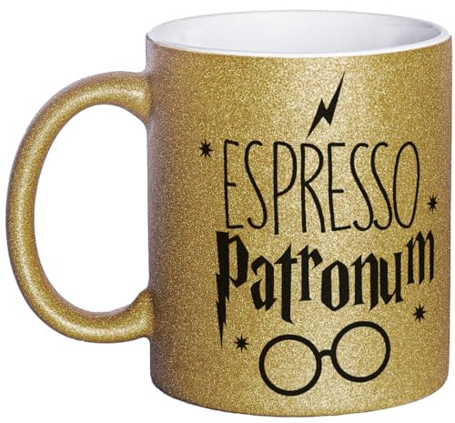 OM3® witzige Glitzertasse mit Spruch - Espresso Patronum mit Zauberspruch - Glitter Tasse | Keramik Becher | 11oz 325ml | Rundumdruck | Gold