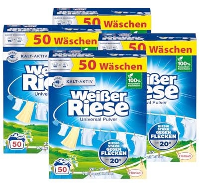 Weißer Riese Universal Pulver 200 Waschladungen (4x 50 WL), Vollwaschmittel wirkt riesig stark gegen Flecken, Kalt-Aktiv schon ab 20° C, ergiebiges Waschpulver, ideal für Familien mit Kindern