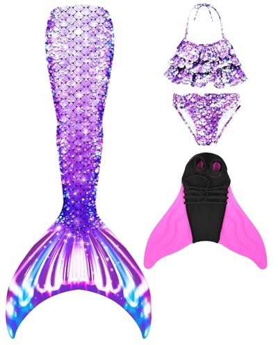 Pyjacos meerjungfrauenflosse mädchen Badeanzug - Meerjungfrau Flosse Bademode mit Bikini Set und Monoflosse Mermaid Tail, 4 Stück Set,F37-130