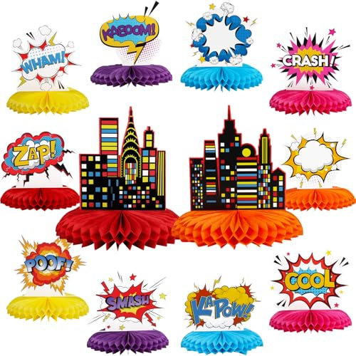 Atiloy Set of 12 Hero Party Theme Honeycomb Centerpiece Decoration, Fun Hero Action Signs, Hero themed Party Supplies, Table Decoration Centerpieses, Happy Birthday Decoration Supplies for Kids