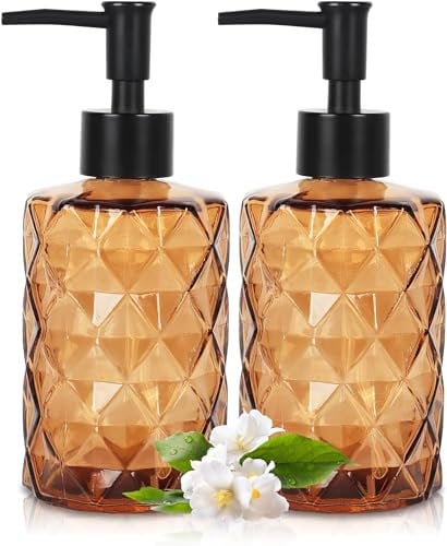 2 Glas Seifenspender Braun, 330ml Soap Dispenser Flüssigseifenspender mit Pumpkopf, Spülmittelspender, Shampoo Flaschen, Nachfüllbarer Handseifenspender Glas Küche Bad, Modern Schaumseifenspender