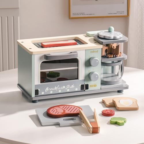 ROBUD Kinder Küche Zubehör Holz | Frühstücksautomat Spielküchen Set Mit Kaffeemaschine, Backofen, Grillplatte, Spielzeuglebensmittel, Küchengeräteset - Geschenke Ab 3 Jahren (Mintgrün)