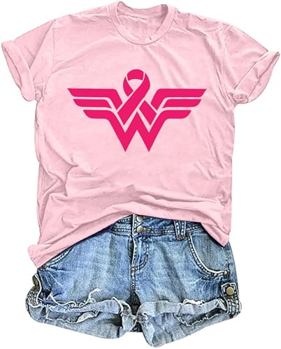 tiorhooe Octobre Rose Tee Shirt Femme Ruban Rose T Shirt Cancer du Sein Cadeau