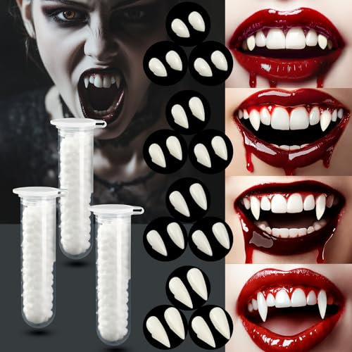 Suofuolef 12 Paar Halloween Vampir Zähne, 4 Größen Vampire Cosplay Fangs mit Pellets Kleber für Cosplay,Requisiten,Halloween, Dämon, Hexe