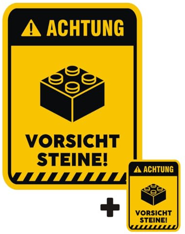 EppoBrand 2x Achtung Vorsicht Steine Lustiger Vinyl Aufkleber Kinderzimmer Tür Wand Möbel Warn Schild 17x13cm & 7x5cm für Lego Spielzimmer