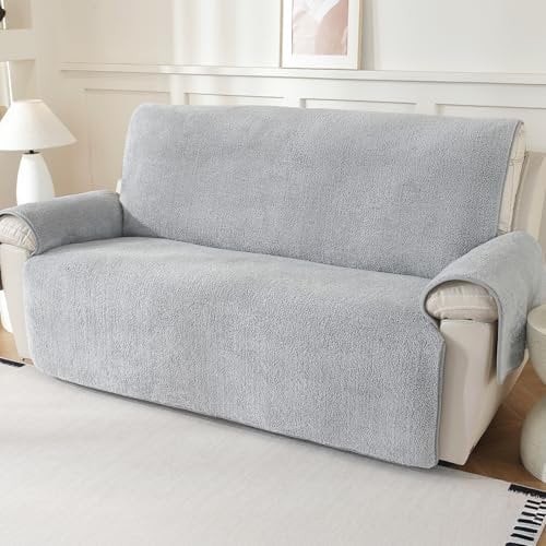 Royhom Dicker Lammfellbezug Sofa Überzug 3 Sitzer, Sofaschoner rutschfest für Leder-Couch, Waschbar, Superweicher Sofabezug, Hellgrau Couch Überzug für Kinder und Haustiere (Hellgrau, 3 Sitzer)