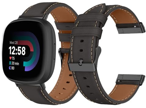 LanQii Lederarmband Kompatible mit Fitbit Versa 4/Versa 3, Fitbit Sense 2/Sense, Damen und Herren Leder Uhrenarmband Ersatzarmbänder, Schwarz