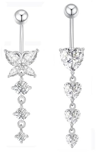 Gojewen 2stk Bauchnabelpiercing 10mm Silber Chirurgenstahl Herz Schmetterling Anhänger Piercing Bauchnabel Bauchpiercing Damen