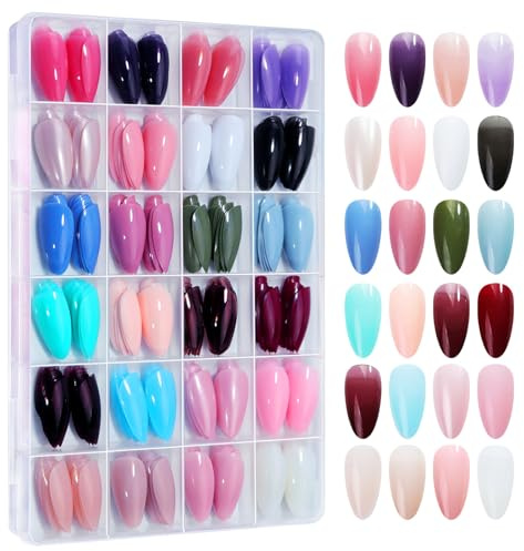 576 Pieces(24 Colors) Long False Nails Round Fake Nail Full Cover Artificial Acrylic Nails Tips Press on Nails for Women Girls DIY Nail Art Design (Almond nail, Medium)