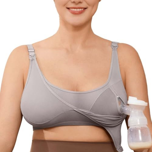 Wireless Hands-Free Pumping Bra, Adjustable with Extendable Straps and Hook Extender, Comfort Sleep Pumping & Nursing Bra, Gray, M