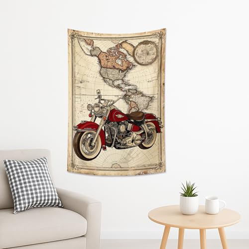 Vintage-Motorradkarten-Wandteppich, Retro-Wanddekoration für Zimmer, ästhetische böhmische Behänge für Wohnzimmer, Schlafzimmer, Geschenk für Biker, 127 x 152 cm