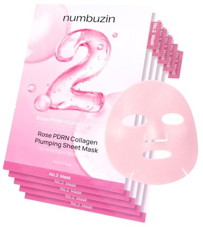 numbuzin No.2 Sheet Mask | Rose PDRN Collagen Plumping Sheet mask | Korean Sheetmask for face | Brightening, Hydrating, Firming and Moisturizing | Peptides, PDRN | 5 ea