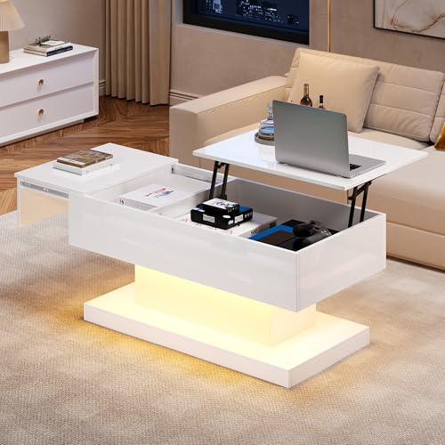 YAIXBNG Hochglanz-Lift-Teetisch LED Couchtische Kaffeetisch 100x50x45 cm mit LED-Beleuchtung – Halbhebbares Tischblatt und seitlich verschiebbares Design, hydraulischer Lift und Stauraum