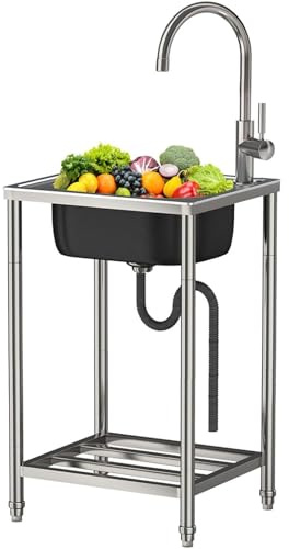 Outdoor Spüle Freistehend Waschbecken mit Warm- und Kaltwasserhahn Edelstahl Spültisch Küchenspüle Gastrospüle Mobile Ausgussbecken für Außen/Waschküche/Garage/Hinterhof,Leicht zu reinigen