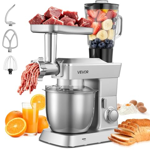 VEVOR Procesador de Alimentos Eléctrico Multifuncional, 1300 W, con Bol de Acero Inoxidable 4,3 L y Bol para Mezclar 1,5 L, 6 Velocidades + P, Gancho para Amasar, Batidor de Varillas y El Plano