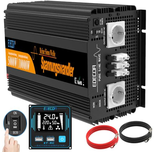 EDECOA Wechselrichter 12v auf 230v Reine Sinus Spannungswandler 3500W und LCD-Bildschirm mit Fernbedienung 2X USB für Wohnmobil solaranlage Power Inverter (5000W 24)