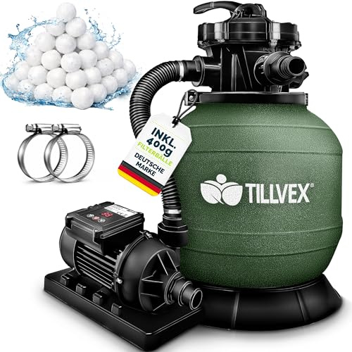 tillvex® Sandfilteranlage Pool mit Timer 7.900L/h + 400g Filterbälle | Filteranlage inkl. 7-Wege Ventil & 2in1 Adapter Ø32 - 38mm | Poolfilter mit Druckanzeige & Pumpe | Sandfilter Selbstansaugend