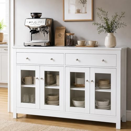 Aparador Blanco de Cocina con Puertas de Vidrio y Cajones, 140x40x90,7 cm | Mueble auxiliar moderno y alacena de gran capacidad para guardar vajilla, utensilios y objetos en el salón o el comedor.