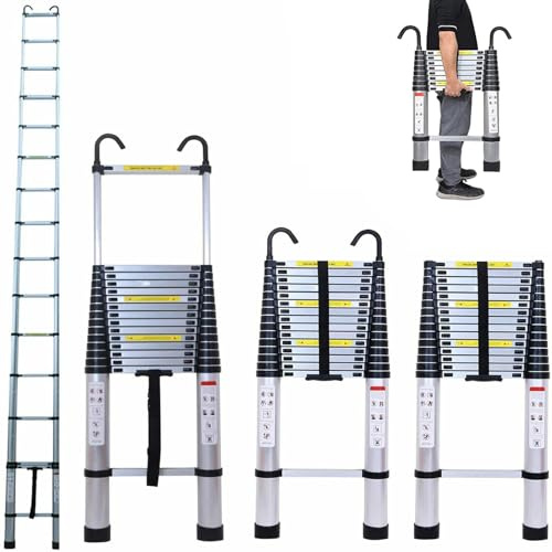 6.2M Telescopic Ladder with hooks, 20.3FT Multi-Purpose Folding Aluminium Telescoping Ladder Foldable Ladder Extension Ladder Extendable Portable Loft Ladder Lightweight, 330lb Capacity, EN131