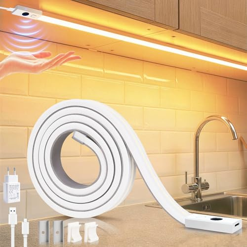 COB Unterbauleuchte Küche LED, Handgestenaktivierung Warmweiß und Kaltweiß Flexibel Silikon LED Streifen 1m, Lichtleiste LED Selbstklebend, 5V USB LED Strip für Küche Büro Schlafzimmer Wohnzimmer