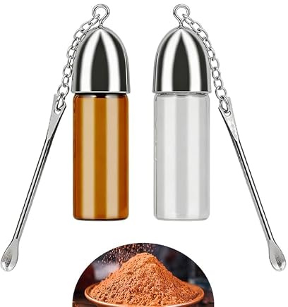 Yukesaky 2 Pack Mini Glass Vials with Metal Spoon Dispenser – Snuff Bottle Kit Container, Airtight Small Jar for Snorting, Seasoning, Dry Spice, Supplement – Travel, Camping, Portable Pocket Bottle