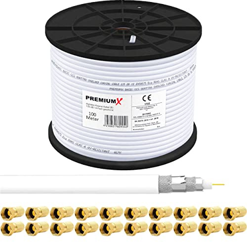 Premium X 100m BASIC Koaxialkabel 135dB 4-fach SAT Antennenkabel Koax-Kabel RG6 Satellitenkabel 20x F-Stecker 0,35 EUR/m