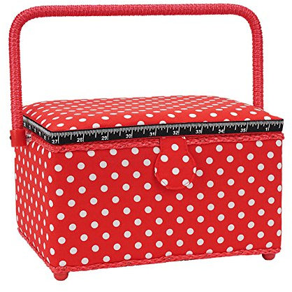 Nähkästchen, Nähkorb, Handarbeitskasten mit Tragegriff, Rot mit weißen Punkten, Rechteckig