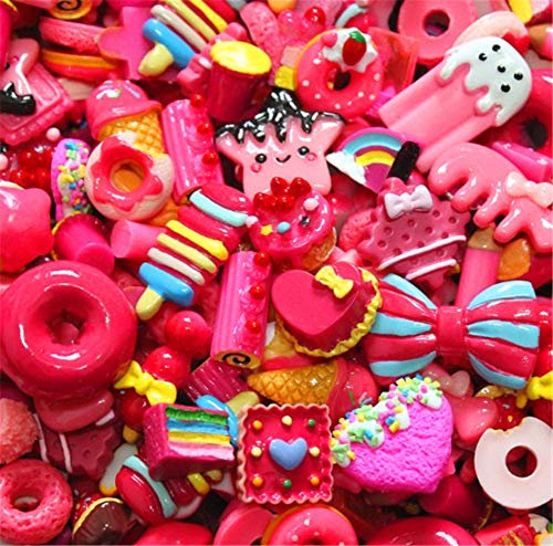 Random 30pcs Cute Candy Resin Charms Beads Fruit Dessert Ice Cream Plastic Slices Flatback Buttons for Handcraft Accessories Scrapbooking Phone Case Decor (Red)