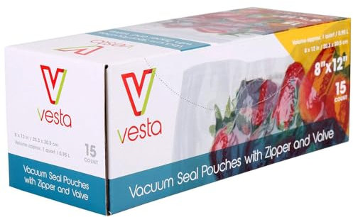 Vesta Precision Lot de 15 sacs sous vide transparents et plats avec fermeture éclair et valve 20 x30 cm claire