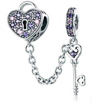I Love You Forever,Heart Key Charm fit Pandora Bracelet 925 Sterling Silver Safety Chain Charm for Bracelet (Lock and Key Charm)