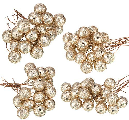 Künstliche Holly Beeren, 100 Stück Mini 10 mm Gefälschte Beeren Dekor auf Draht für Weihnachtsbaum Dekoration Blumen Kranz DIY Handwerk Verwenden (Paillettenbesetzt Silber)