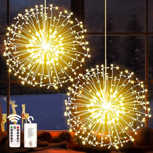 yowin Fairy Lights 2 Pack 198 LED Firework Lights Battery Operated with Remote, 8 Modes Hanging Garden Decorations Waterproof Copper Wire String Gazebo Lights for Pergola Porch Indoor Outdoor