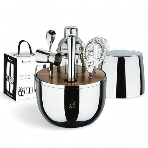 MasterPRO The Drop - Juego de 6 Piezas de Cóctel Acero INOX - Incluye Colador, Abrebotellas, Cuchara Larga, Coctelera, Jigger, Triturador - Elegante y Profesional