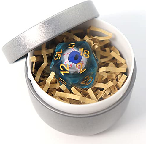 Byhoo D20 DND Würfel mit rotem Auge in Metalldose, Würfel mit blutunterlaufenem Auge, DND 5 Zubehör, Brettspiel, einzigartiges Geschenk für Rollenspiel Anfänger