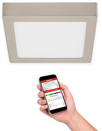 Telefunken - LED Aufbauleuchte, WiFi Deckenleuchte, dimmbar, RGB, Farbtemperatursteuerung, App-Steuerung, steuerbar via Fernbedienung, 18 Watt, 1800 Lumen, Matt-Nickel, 225x225x38mm (LxBxH)