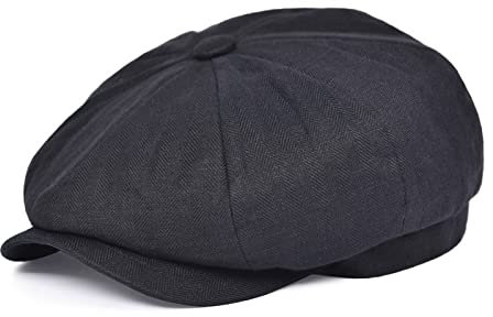 oonui Baskenmütze Damen Sommer Leinen Newsboy Cap Herren Damen Fischgrät Bakerboy Caps Leichte Atmungsaktive Flache Hut Baskenmütze Für Herren,Schwarz,58-59 cm