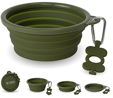 Bonza Large Collapsible Dog Bowl 1000 ML, Sturdy Reinforced Rim, includes Carabiner & Water Bottle Holder Keychain, Moss Green